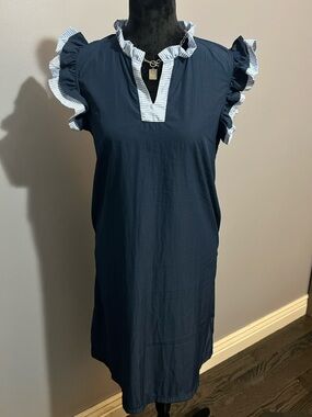 Navy Ruffle-Trim Midi Dress with Striped Accents